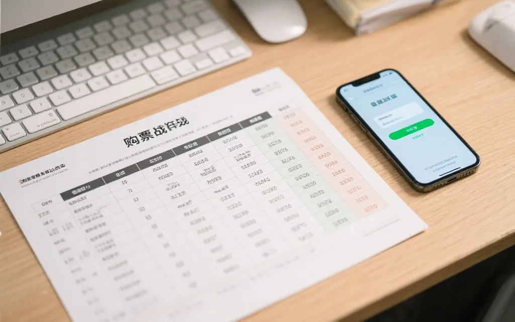 简洁的购票作战清单与时间表摆在桌面上，旁边是手机验证码界面，画面干净有秩序